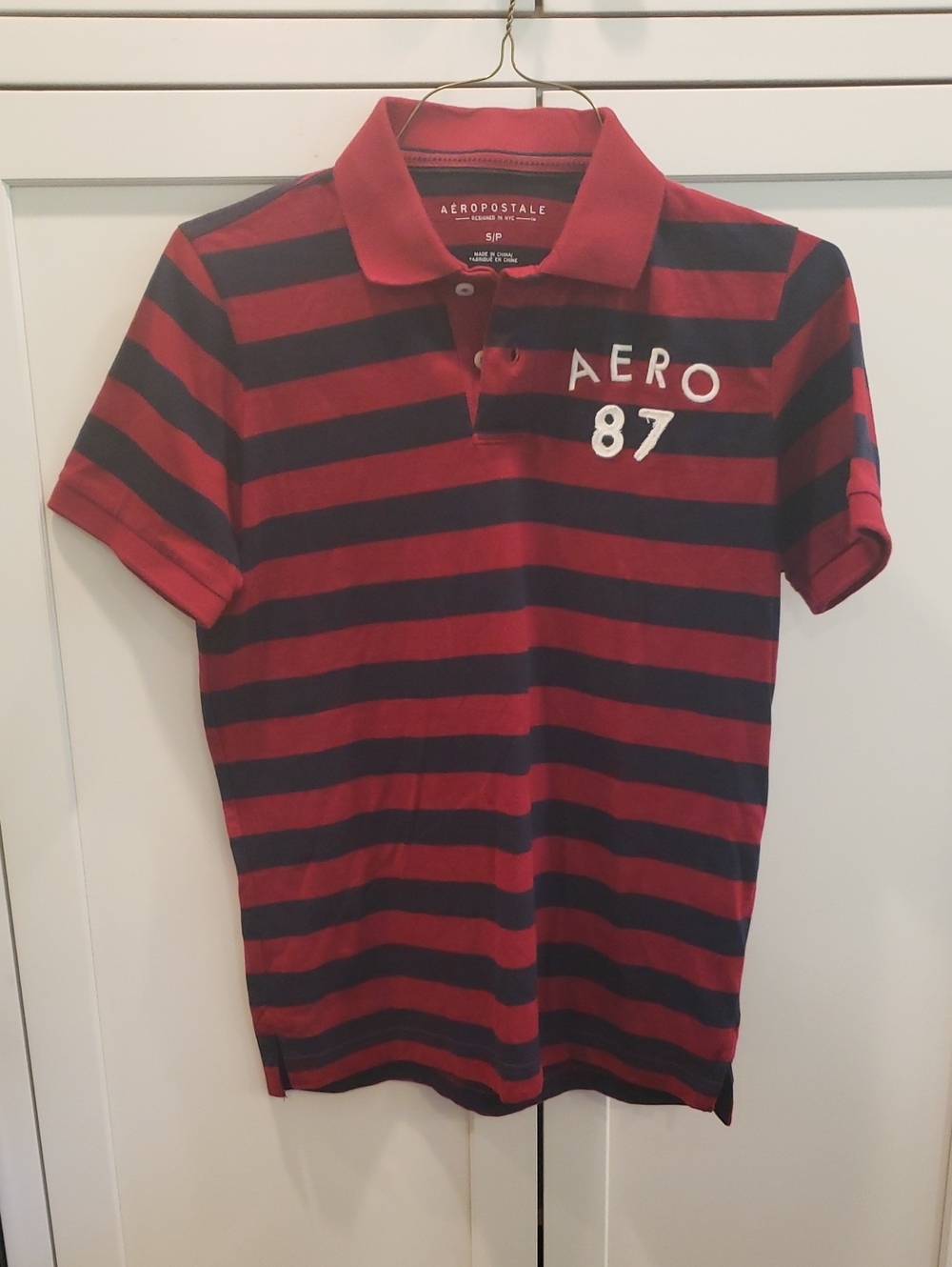 Aeropostale Red and Navy Striped Polo Shirt